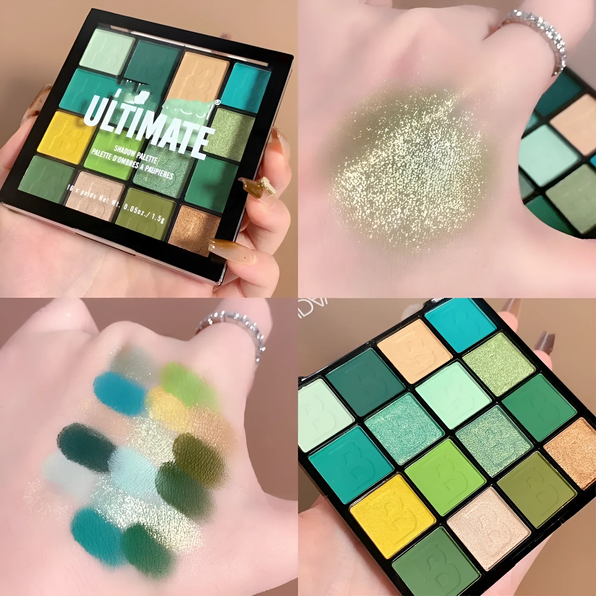 Matte pearlescent eye shadow plate with 16 colours in a compact tray, suitable for dry skin, includes Flower Fairy theme