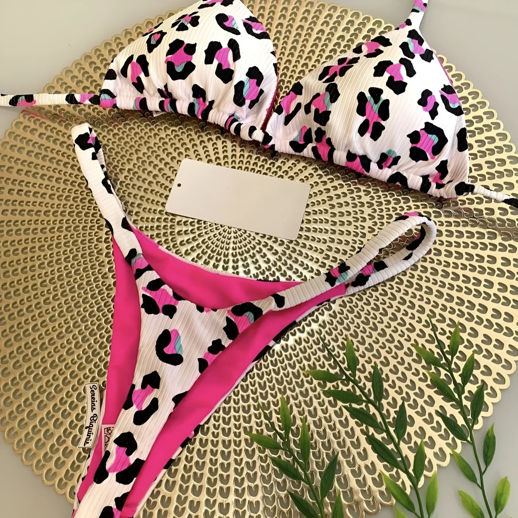 Printed women's bikini swimsuit with cotton lining in European style briefs
