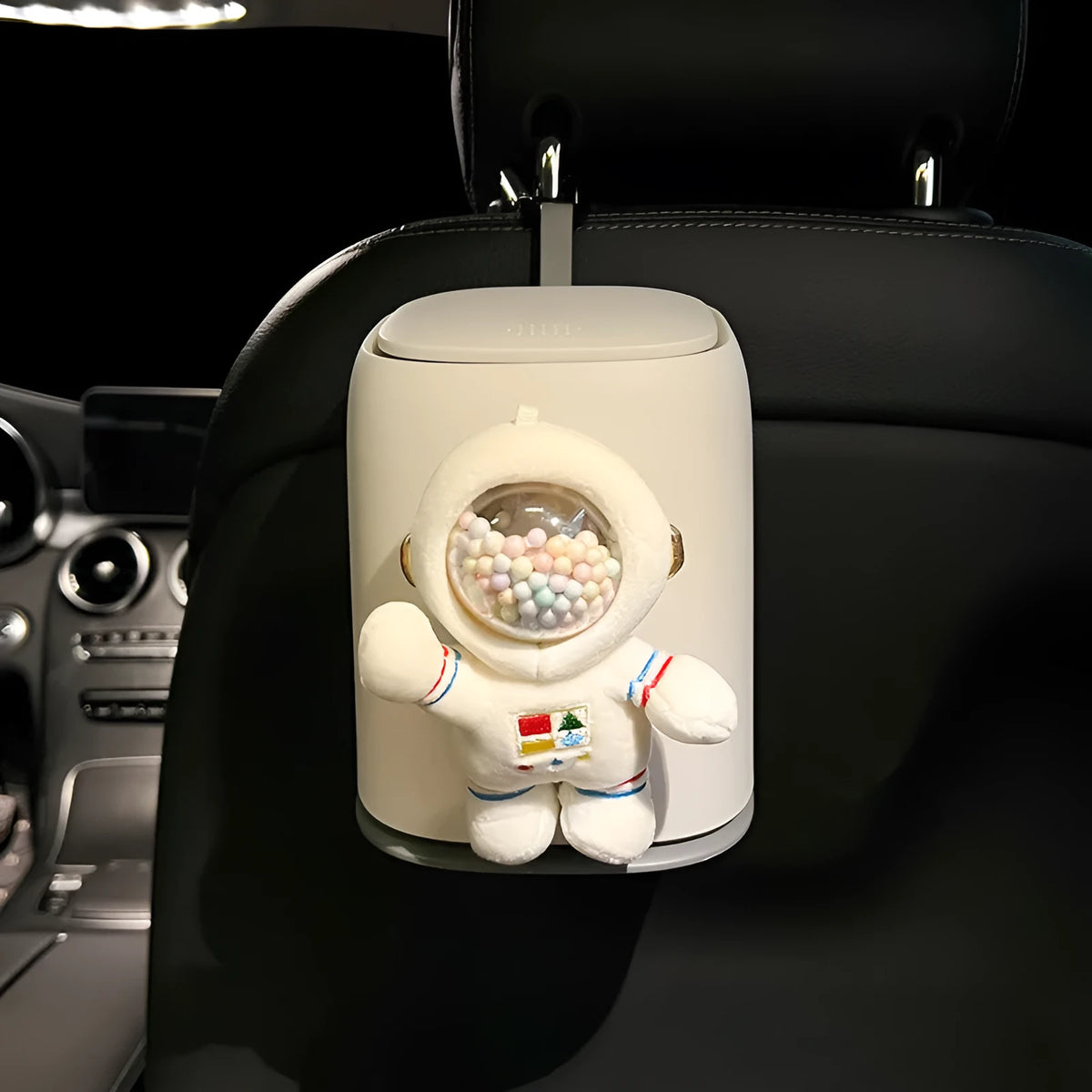 Cute cotton car trash can with spring lid in Astronaut design for centre console placement