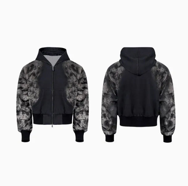Printed loose trousers set with hoodie and seven-inch pants in polyester streetwear
