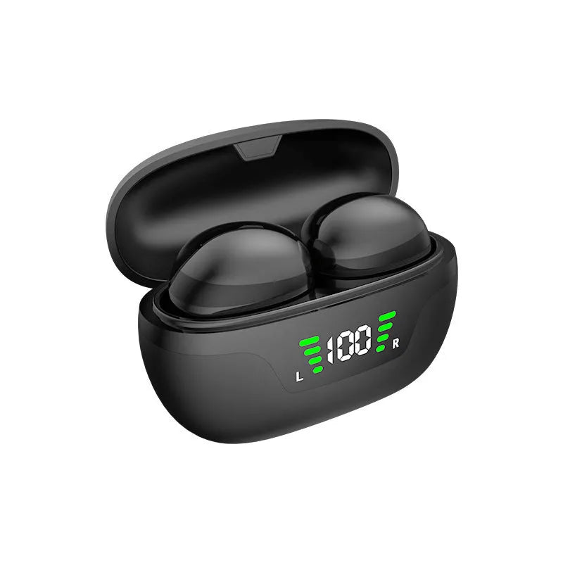 Super mini wireless Bluetooth-compatible in-ear headset in black with digital display screen and charging cable
