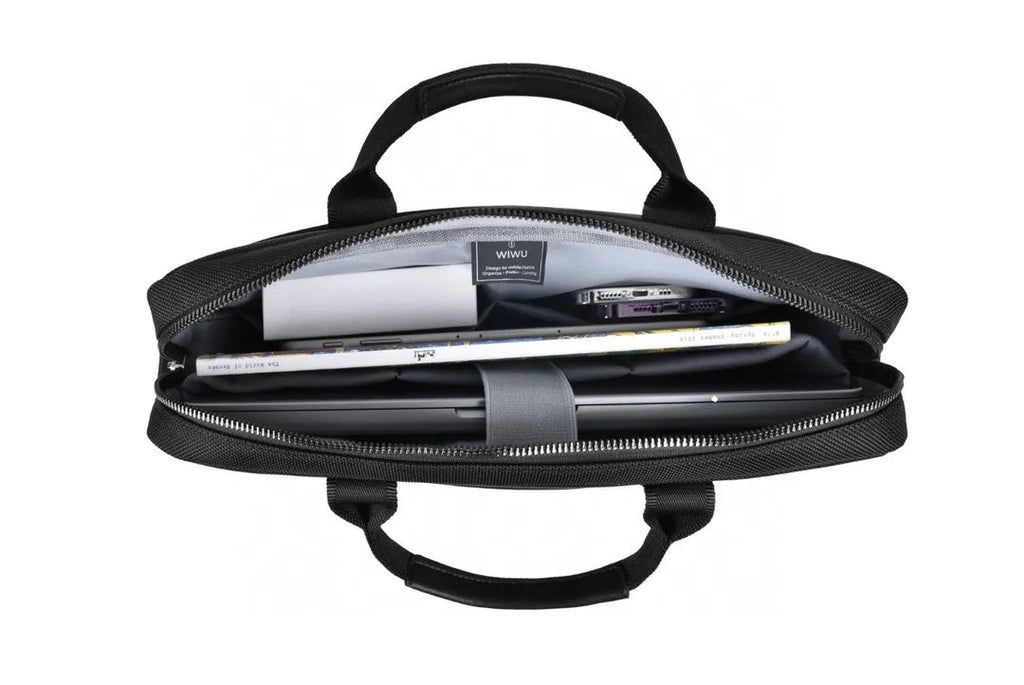 Black Oxford cloth laptop backpack showing multi-pocket design and separate computer compartment.