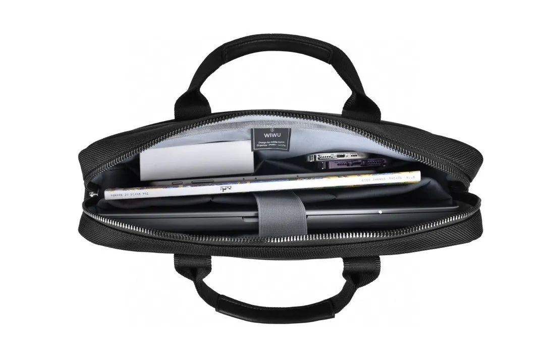 Black Oxford cloth laptop backpack showing multi-pocket design and separate computer compartment.