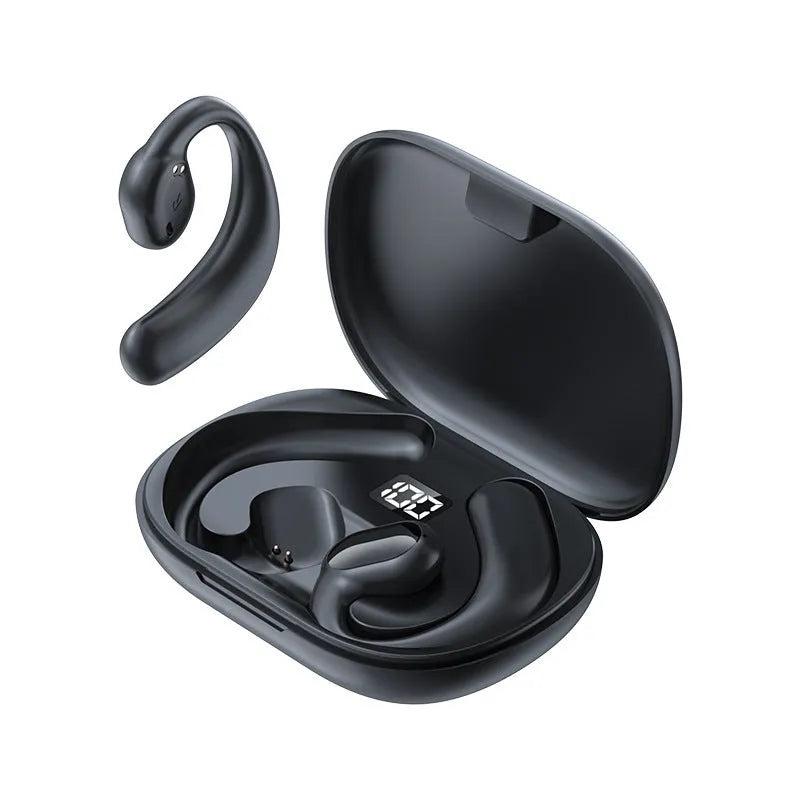 Black and white ear-mounted Bluetooth headset with digital display screen on ear