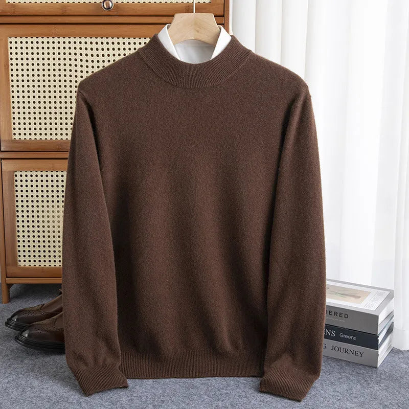Men's half-collar wool sweater in loose fit showing colour options including black, brown and camel