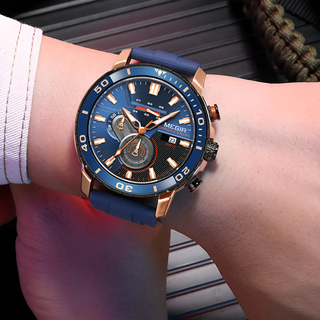 Men's sports chronograph watch with blue dial, 53mm diameter, mineral glass mirror, stainless steel case back, and pin buckle