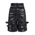 Men's black PU leather casual cropped shorts on a hanger.