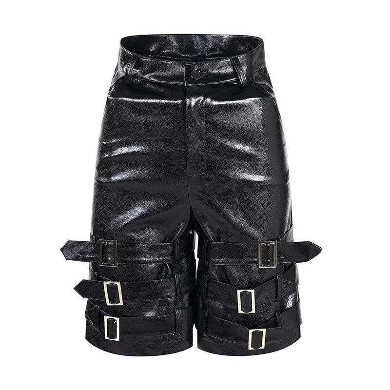 Men's black PU leather casual cropped shorts on a hanger.