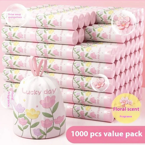 Pink argy wormwood mosquito repellent garbage bags with drawstring closure showing 44cm x 48cm dimensions