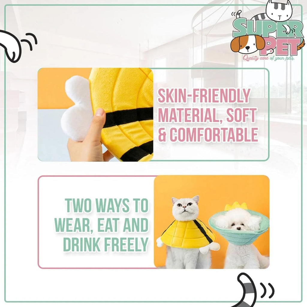 Soft cat cone collar with bee design showing adjustable velcro closure for wound protection