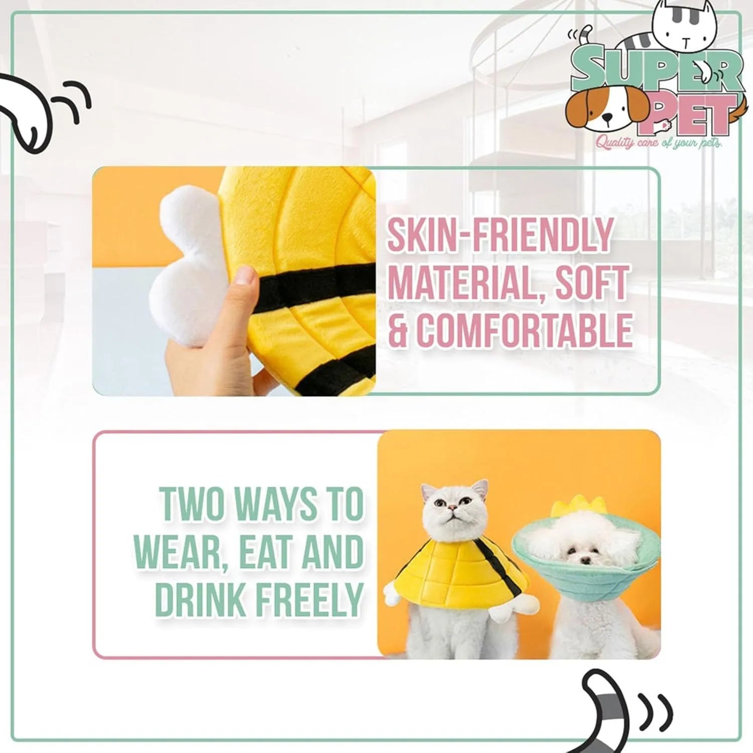 Soft cat cone collar with bee design showing adjustable velcro closure for wound protection