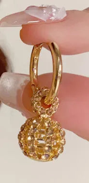 Coffee colour full diamond hollow ball ear clips with real gold plating on copper, round geometric design, 1 pair