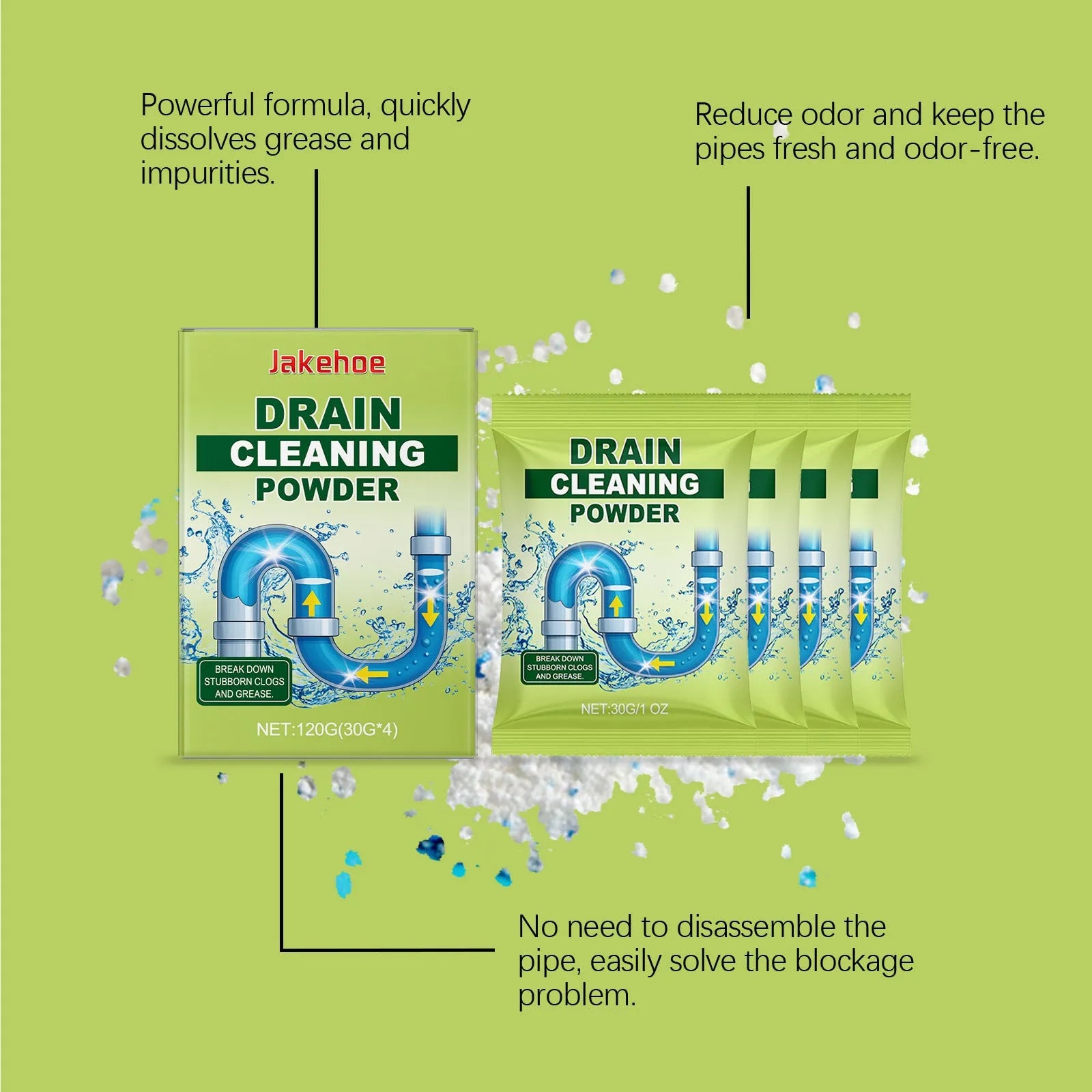 Tub of drain cleaning powder with sodium hydroxide, 120g capacity