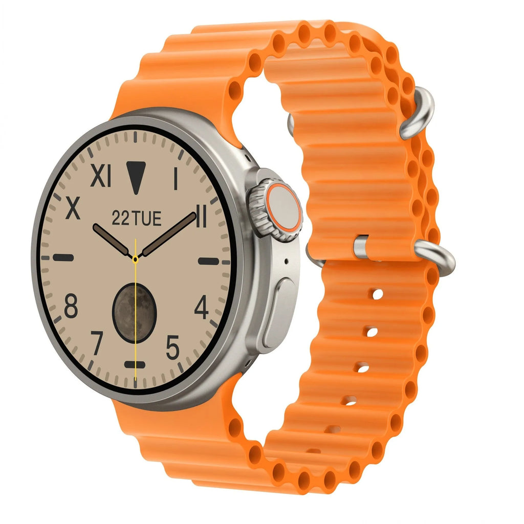 K9 smart watch in black with round colour screen on a silicone strap, showing a fitness stats dial.