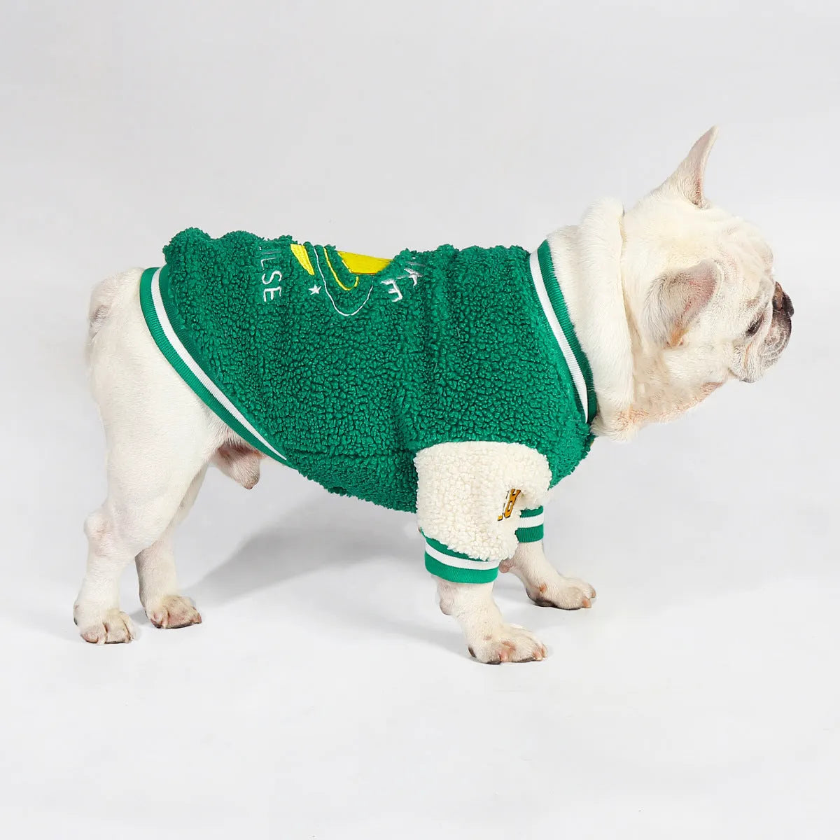 Green fleece-lined cotton dog winter coat showing size options L to 4XL