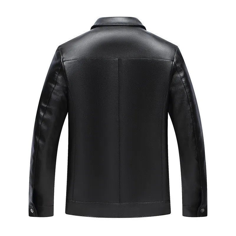 Black PU leather jacket with turn-down collar, patch pockets, and straight hem for spring and autumn business wear