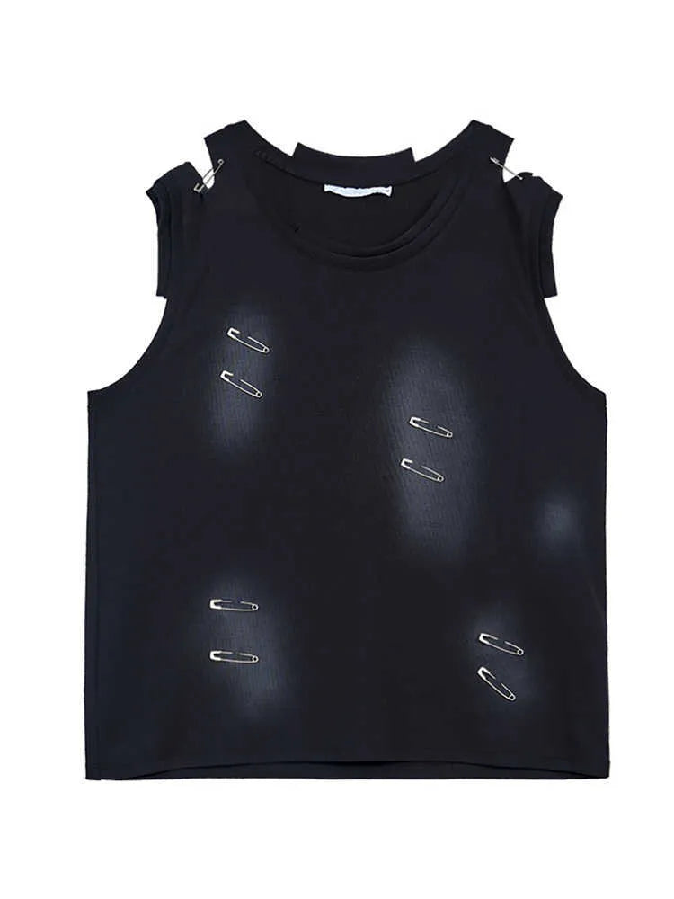 Men's black ripped waistcoat vest with irregular cutting piece design and sleeveless round neck