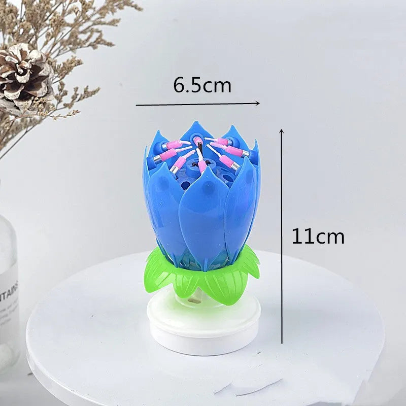 Lotus music birthday candle in pink, blue or rainbow, paraffin and ABS, flower-shaped rotating cake topper