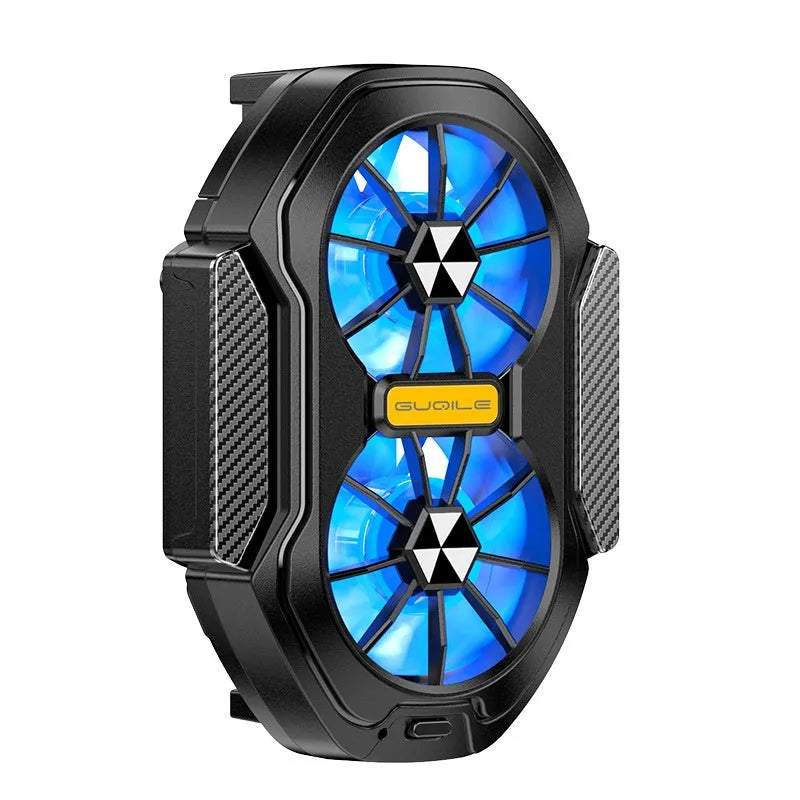 FS01 Twin Fan Air-cooled Charging Mobile Phone Radiator with built-in battery and adjustable clamp on a smartphone