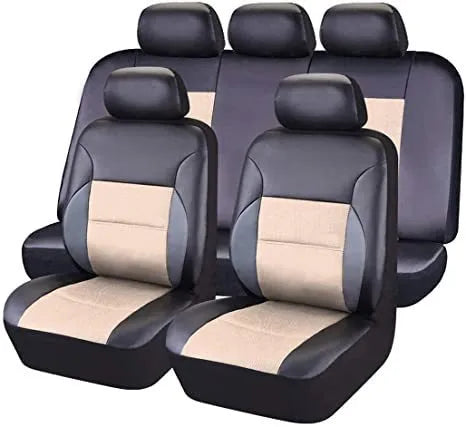Artificial leather car seat covers in a choice of colours, shown in 2-piece, 4-piece, and 9-piece set configurations.