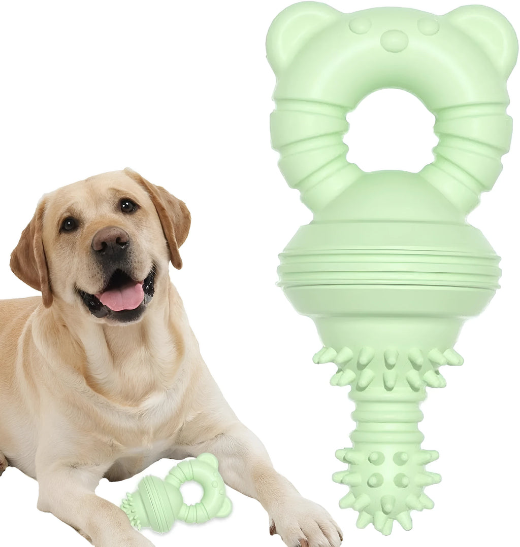 Blue, green, and pink molar-shaped rubber dog chew toy with textured surface and bell.