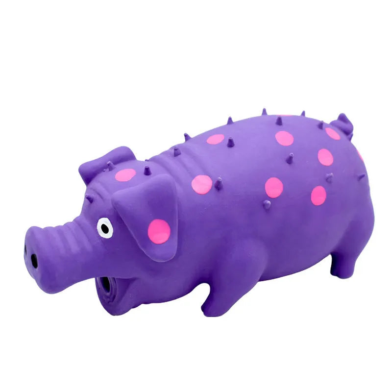 Blue latex pig-shaped dog chew toy with protruding grains and squeaker for aggressive chewers