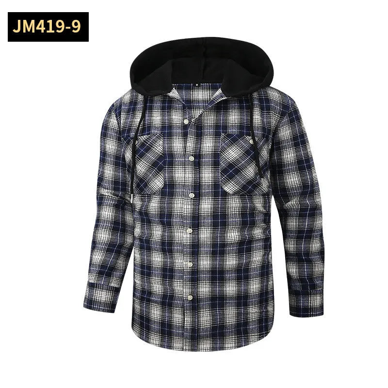 Loose fit casual flannel hooded plaid shirt in polyester with multiple colour options