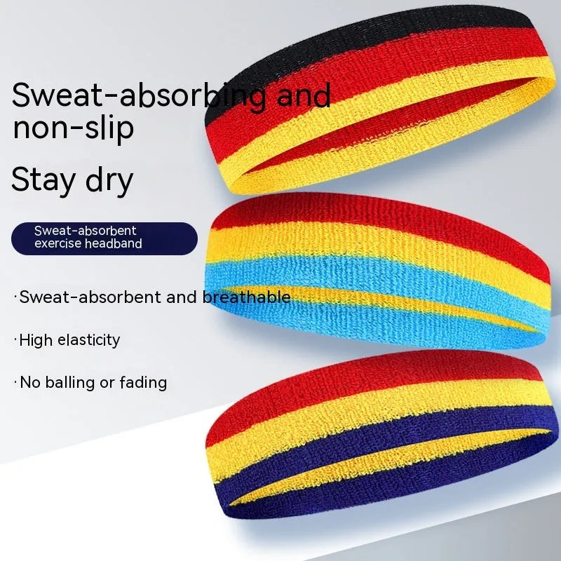 Three-colour sports headband for adults, shown in a red, yellow and blue combination.