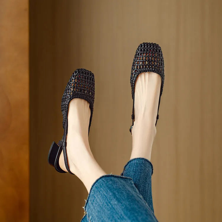 Women's woven hollow-out sandals with square toe, buckle strap, and 4cm chunky heel in black or beige