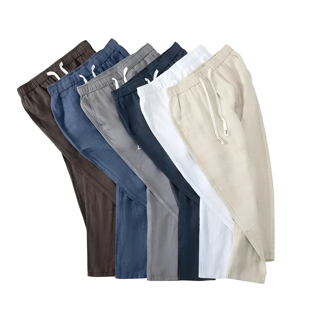Chinese-style straight-leg linen trousers in apricot colour with an elastic drawstring waist.