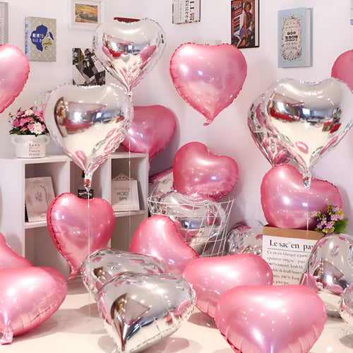 Peach heart shaped aluminium foil balloons in metallic colours for party decorations