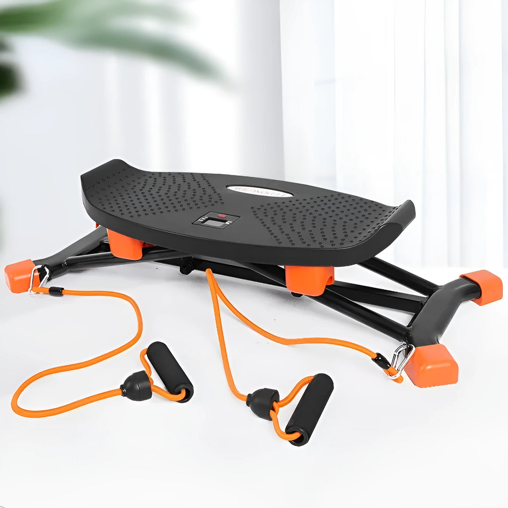 Black mini fitness skiing machine with elastic hand strap for home exercise.