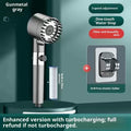 Supercharged handheld shower head set in grey finish with LED lighting and universal interface on stainless steel pipe