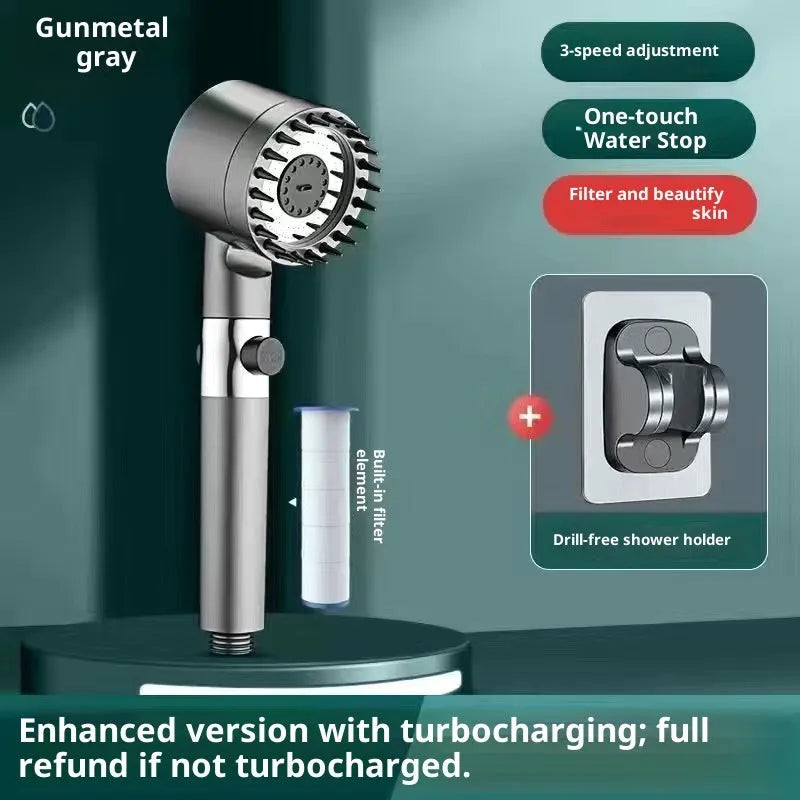 Supercharged handheld shower head set in grey finish with LED lighting and universal interface on stainless steel pipe