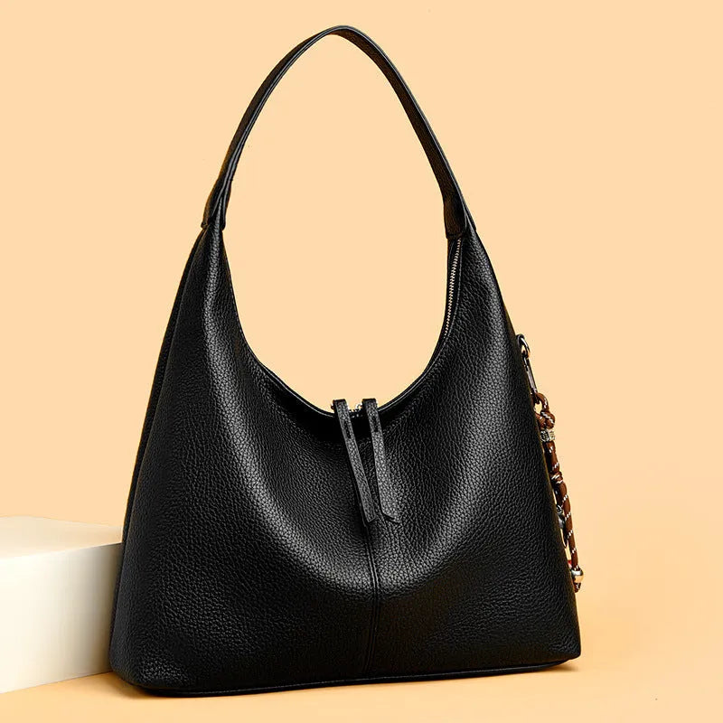Women's large capacity soft PU shoulder bag with pendant in purplish red, coffee, apricot, dark gray, light khaki or black