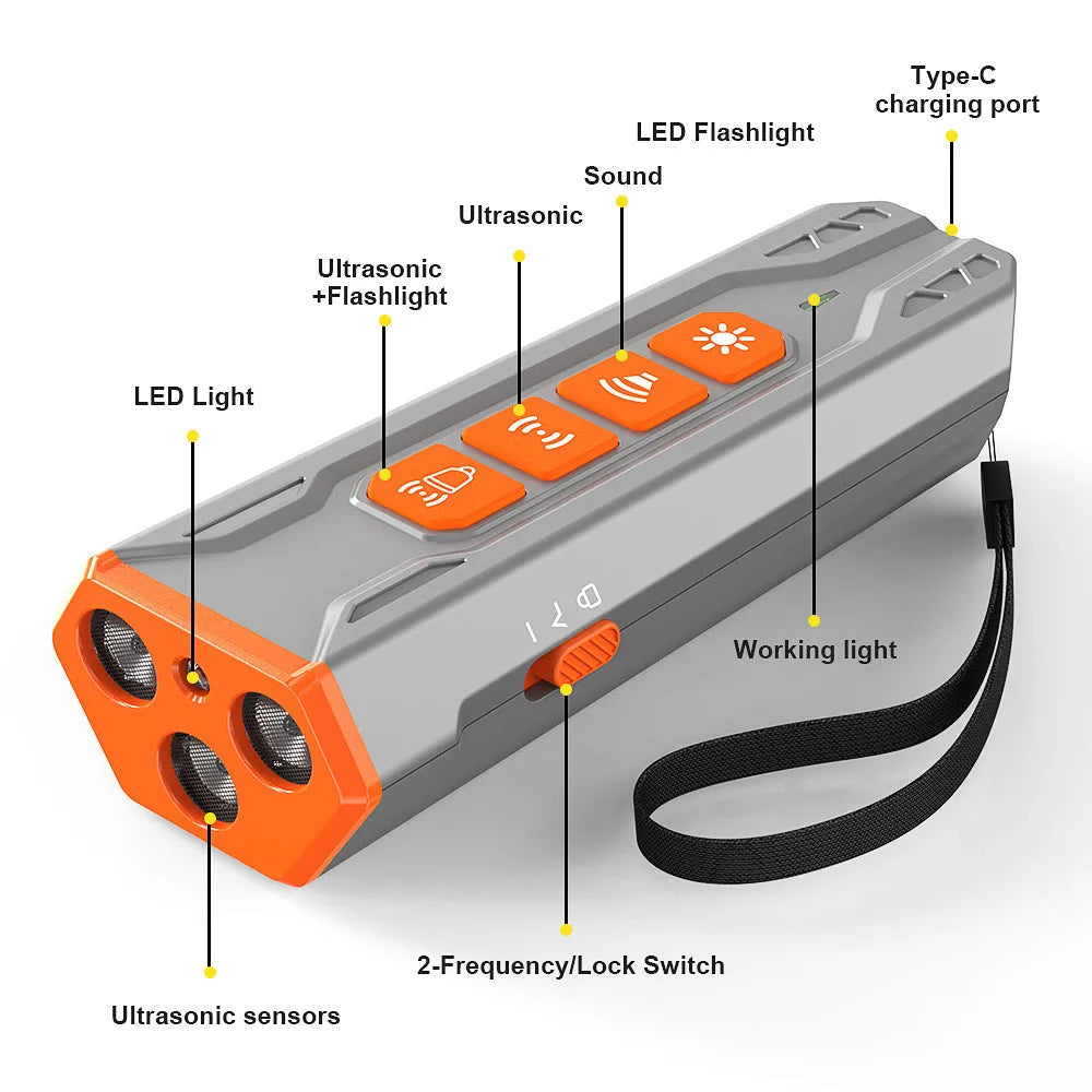 Three-head ultrasonic dog trainer in grey orange and black orange colour options