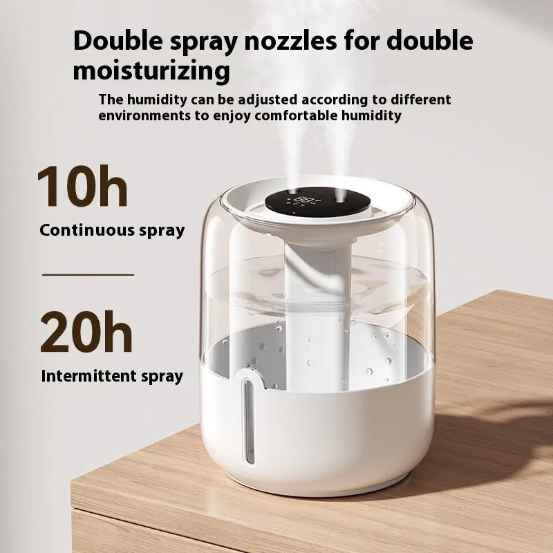 Beige round humidifier with dual spray nozzles, humidity display, and USB power cable