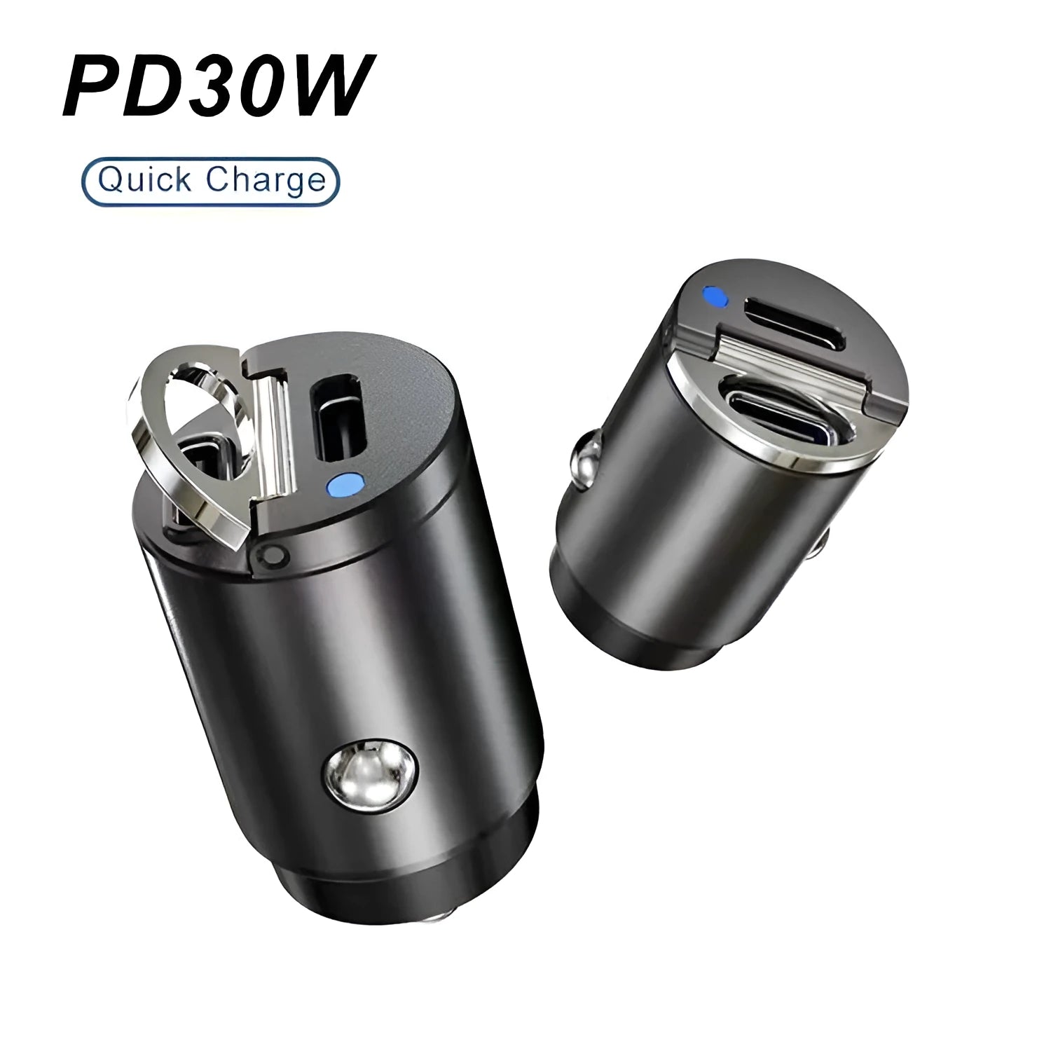 30W car cigarette lighter charger with dual PD and QC ports in zinc alloy housing