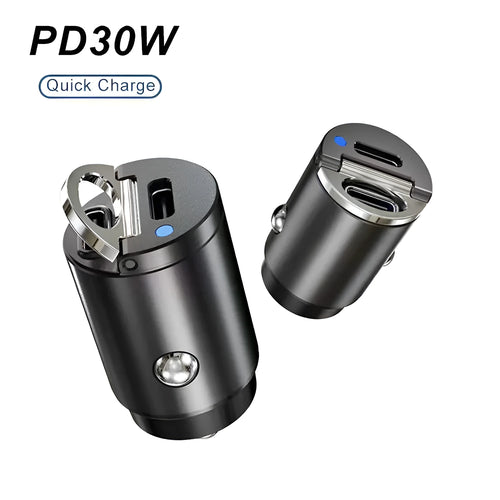 30W car cigarette lighter charger with dual PD and QC ports in zinc alloy housing