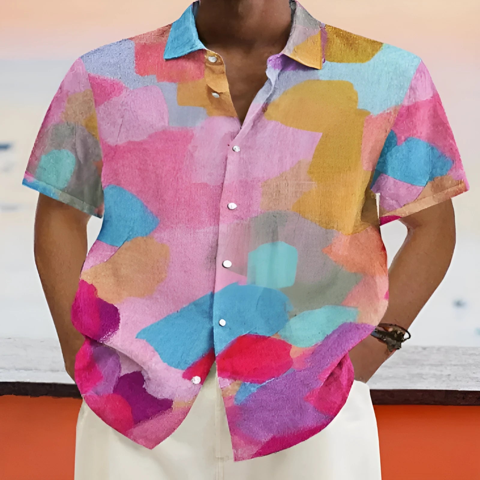 Hawaiian style short sleeve cardigan with 3D print pattern and stand collar on a hanger