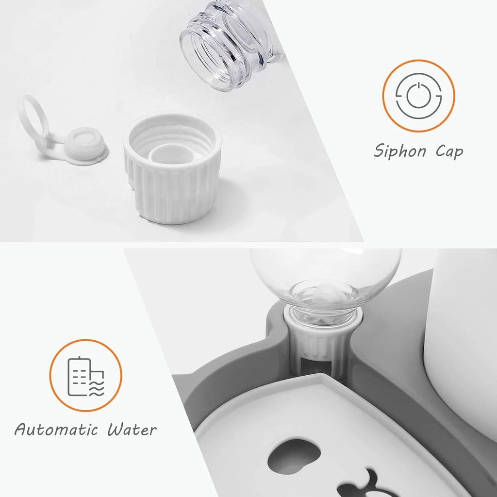 Grey panda-shaped raised pet feeder with tilted stainless steel bowls and a water bottle on a white background.