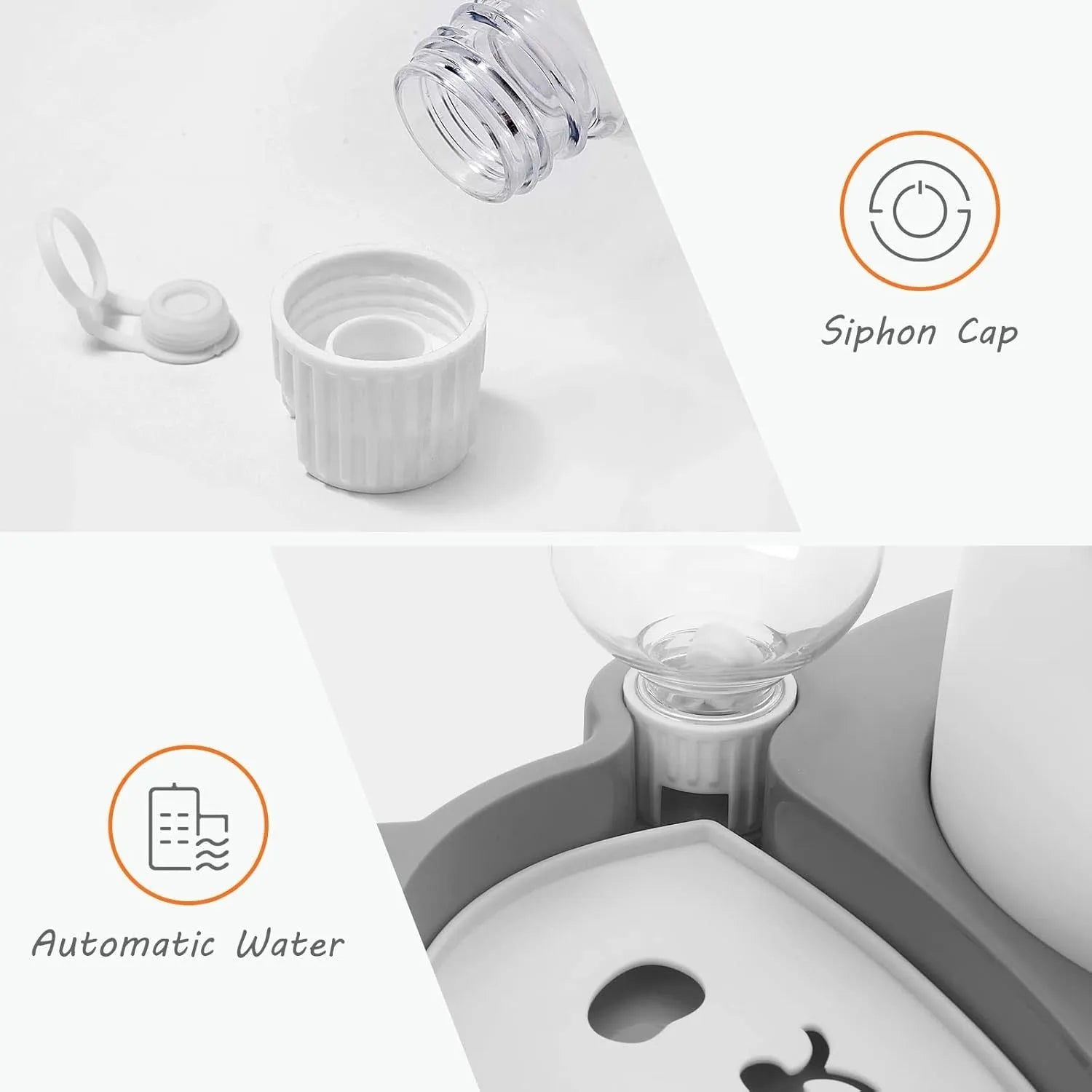 Grey panda-shaped raised pet feeder with tilted stainless steel bowls and a water bottle on a white background.