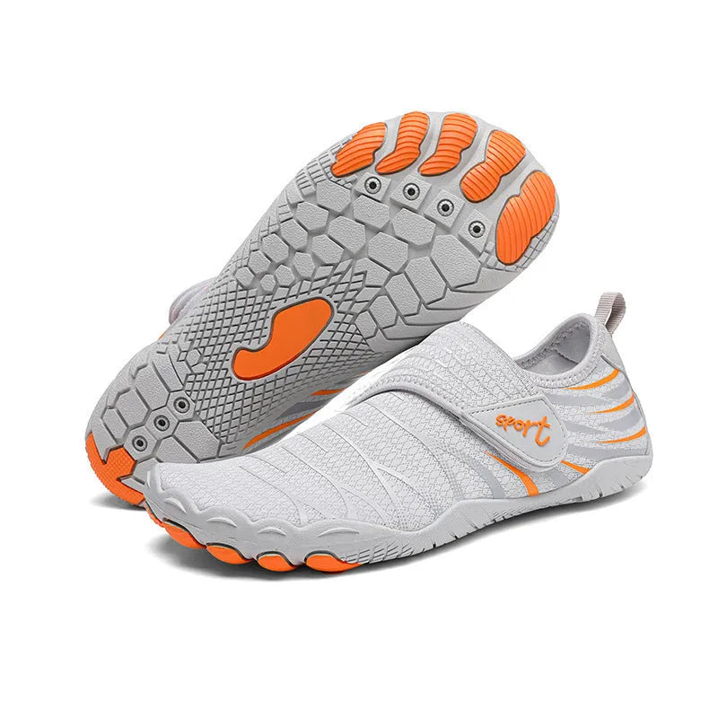 Pair of men and women outdoor wading shoes with mesh upper and rubber sole in black