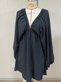 Women's apricot V-neck dress with puff sleeves and swing skirt design for office wear