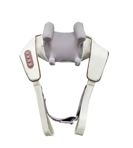 Milky white rechargeable shoulder and neck massager for cervical spine kneading with infrared physiotherapy.