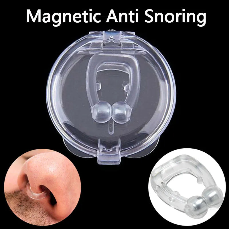 White mini magnetic anti-snoring silicone nose clip with transparent plastic storage box