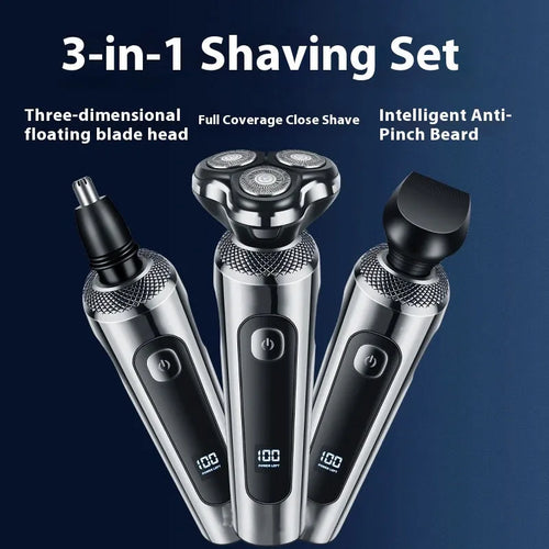 Digital USB rechargeable beard scraper with LED display and floating cutter head on charging base