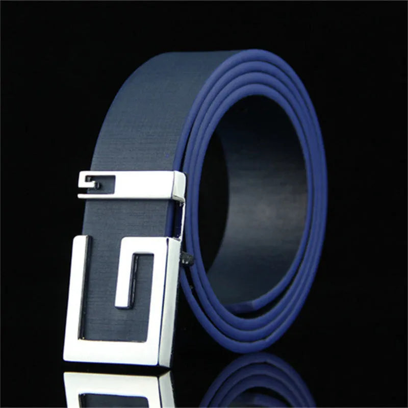 Fashion simple smooth buckle belt in black, alloy buckle and imitation leather strap, 110cm length