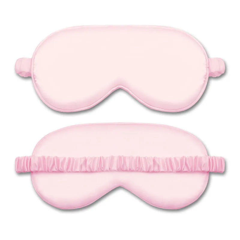 Double-sided rayon elastic satin sleep mask shown in multiple colour options including black, sky blue, and wine red.