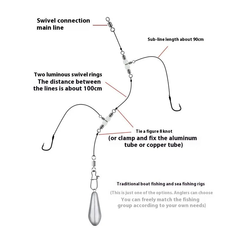 Copper three-fork fishing lure swivel beads with luminous material and eight rotating rings.